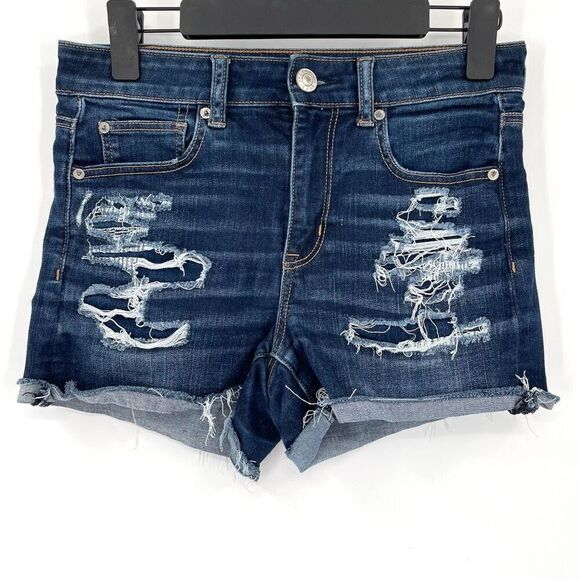 American Eagle Level Stretch Hi Rise Shortie Roll Raw Hem Denim Shorts Women 4 - Picture 1 of 6